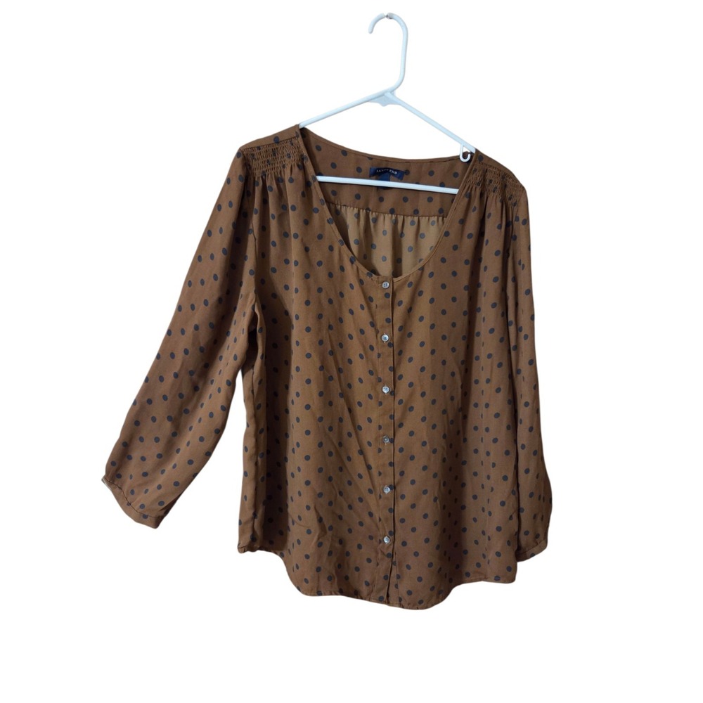Lands' End Brown & Black Polka Dot Button Down Blouse Long sleeve 18